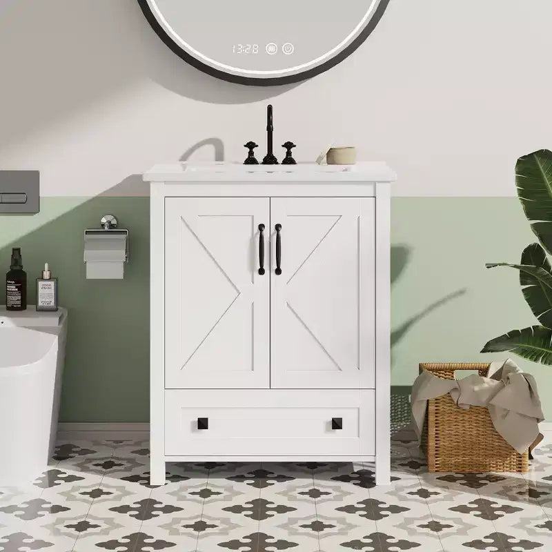 24/30 Modern Bathroom Vanity with Ceramic Sink - Freestanding Cabinet with 2 Doors & 1 Storage Drawer for Small Bathroom Storage