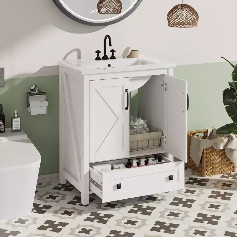 24/30 Modern Bathroom Vanity with Ceramic Sink - Freestanding Cabinet with 2 Doors & 1 Storage Drawer for Small Bathroom Storage