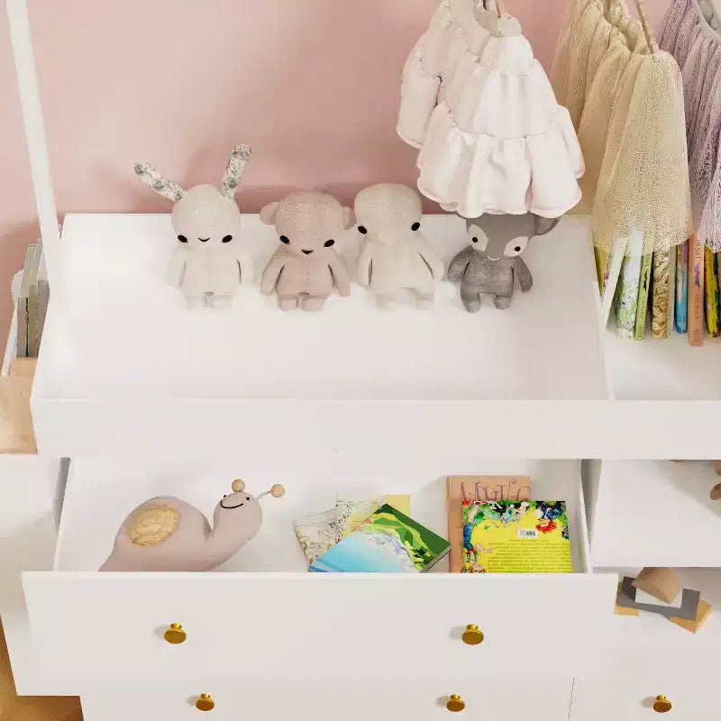 Modern Table Dresser,Baby Dressing Table with 3 extra deep Drawers and Storage Shelves and Hangers