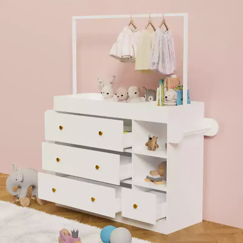 Modern Table Dresser,Baby Dressing Table with 3 extra deep Drawers and Storage Shelves and Hangers