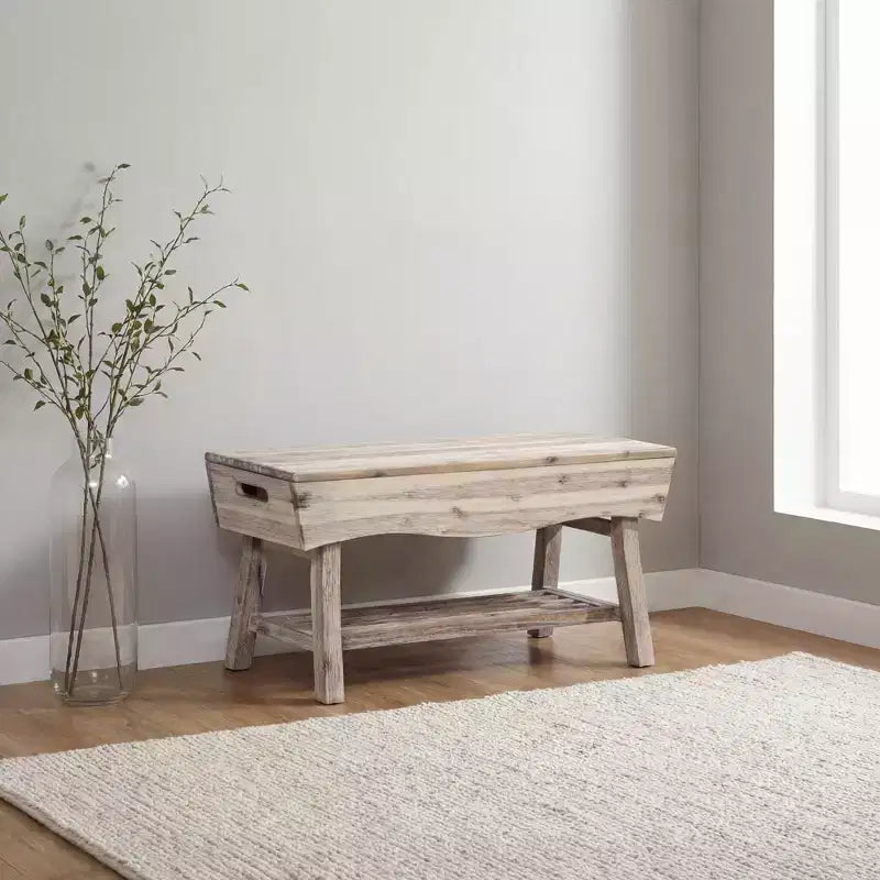 eHemco Solid Hardwood Bench with Storage Shelf and 4 Panels, 36x15.25x17.3 Inches, White Washed Finish