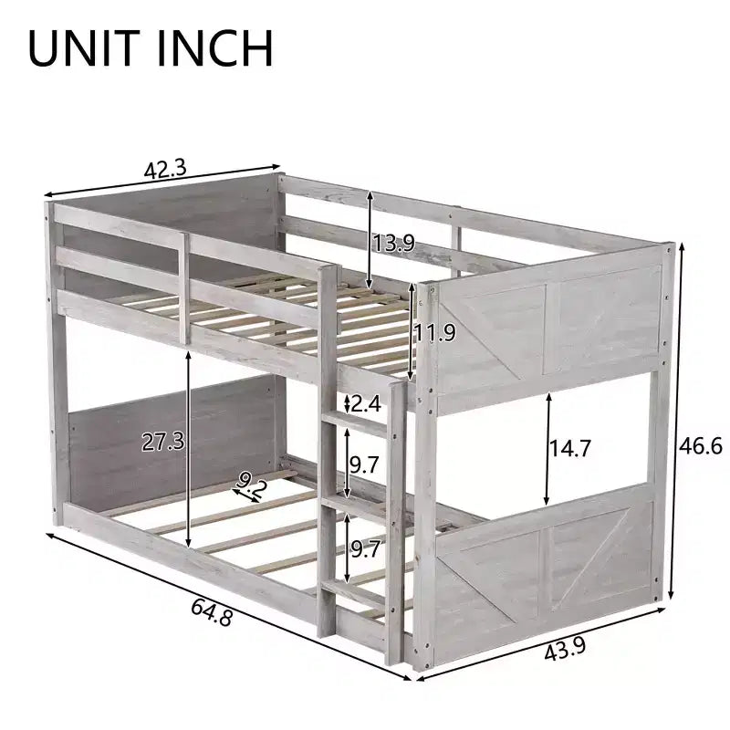 Bellemave Twin over Twin Floor Bunk Bed with Panelled Headboard and Footboard, Rubber Wood Bunk Bed Frame with Guardrails and Ladder,Antique Oak