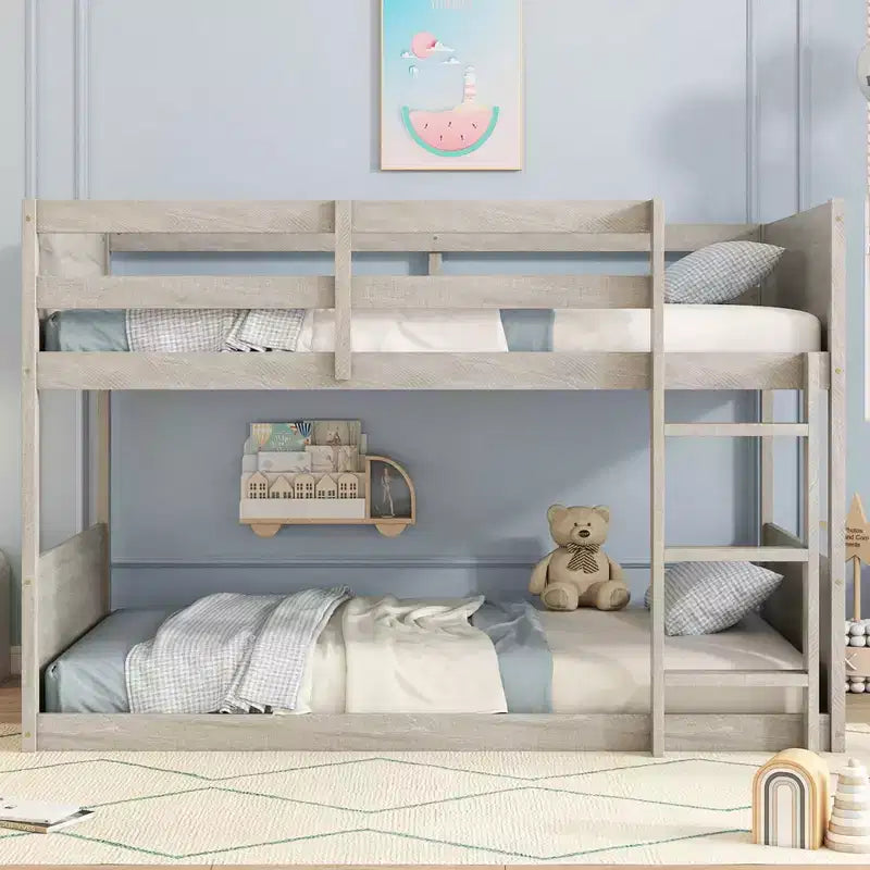 Bellemave Twin over Twin Floor Bunk Bed with Panelled Headboard and Footboard, Rubber Wood Bunk Bed Frame with Guardrails and Ladder,Antique Oak