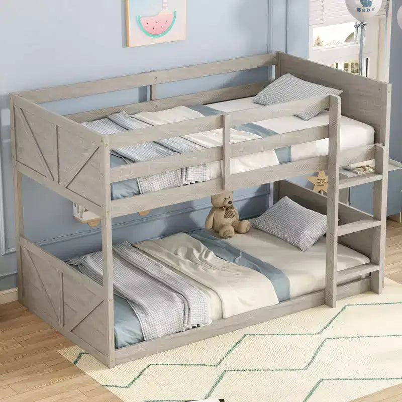 Bellemave Twin over Twin Floor Bunk Bed with Panelled Headboard and Footboard, Rubber Wood Bunk Bed Frame with Guardrails and Ladder,Antique Oak