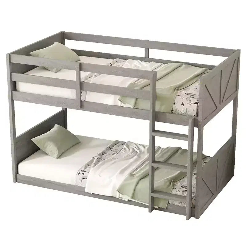 Bellemave Twin over Twin Floor Bunk Bed with Panelled Headboard and Footboard, Rubber Wood Bunk Bed Frame with Guardrails and Ladder,Antique Oak