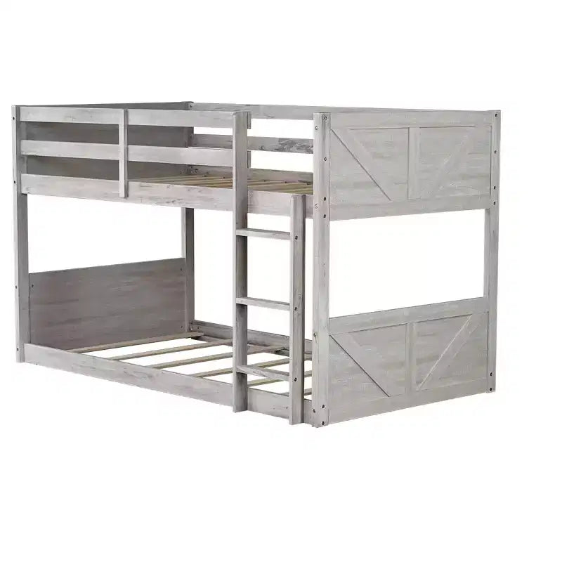 Bellemave Twin over Twin Floor Bunk Bed with Panelled Headboard and Footboard, Rubber Wood Bunk Bed Frame with Guardrails and Ladder,Antique Oak