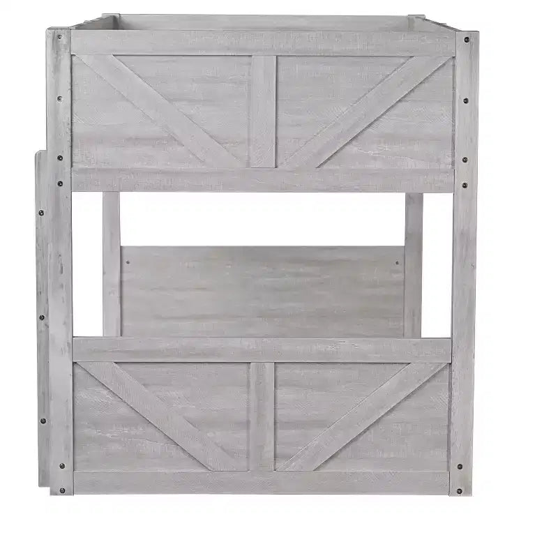 Bellemave Twin over Twin Floor Bunk Bed with Panelled Headboard and Footboard, Rubber Wood Bunk Bed Frame with Guardrails and Ladder,Antique Oak