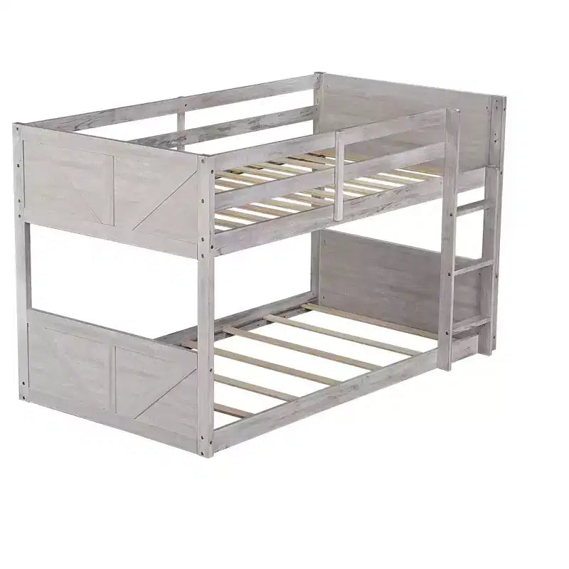 Bellemave Twin over Twin Floor Bunk Bed with Panelled Headboard and Footboard, Rubber Wood Bunk Bed Frame with Guardrails and Ladder,Antique Oak