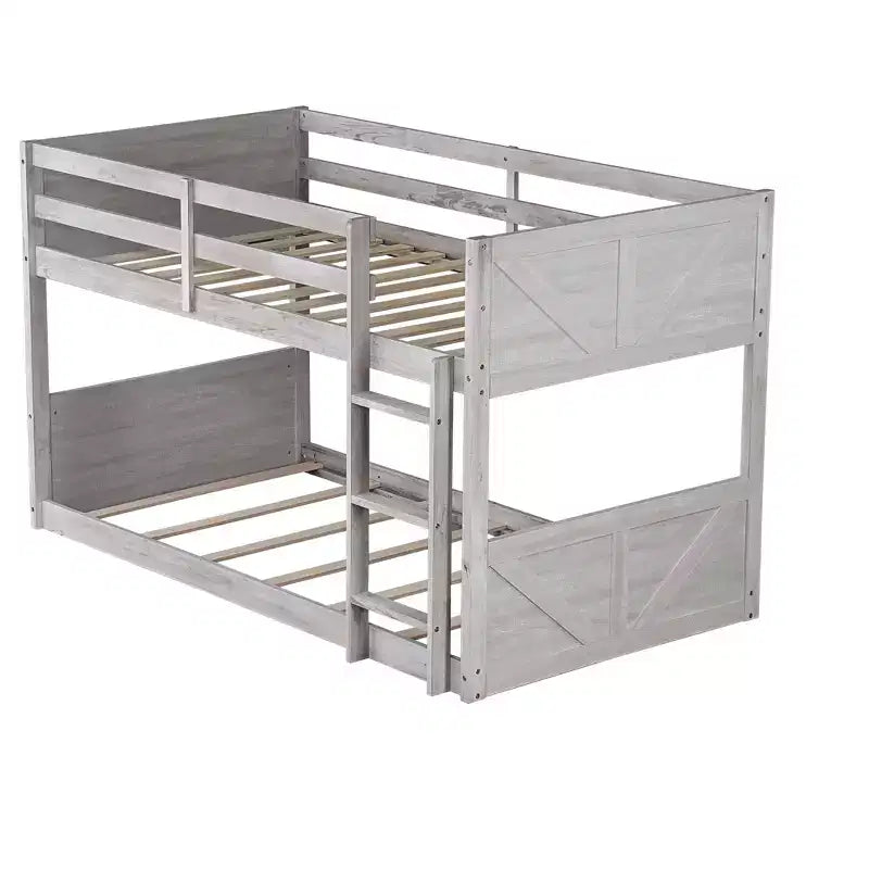 Bellemave Twin over Twin Floor Bunk Bed with Panelled Headboard and Footboard, Rubber Wood Bunk Bed Frame with Guardrails and Ladder,Antique Oak