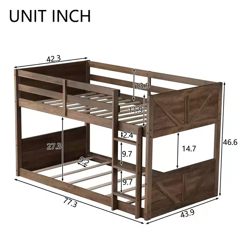 Bellemave Twin over Twin Floor Bunk Bed with Panelled Headboard and Footboard, Rubber Wood Bunk Bed Frame with Guardrails and Ladder,Antique Oak