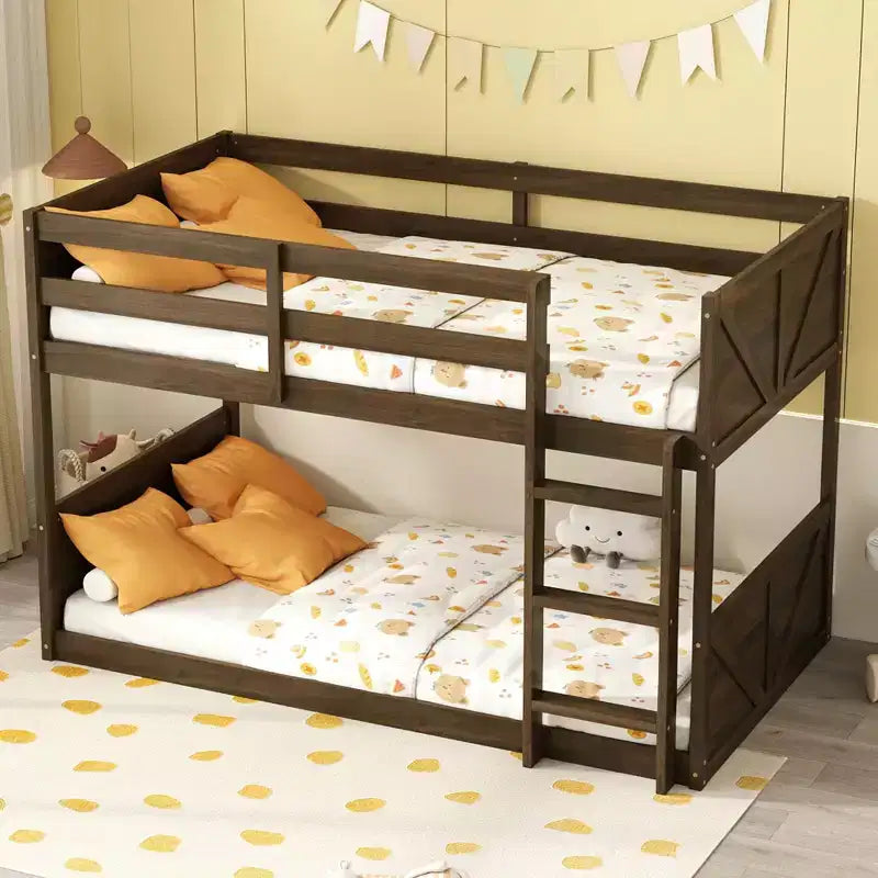 Bellemave Twin over Twin Floor Bunk Bed with Panelled Headboard and Footboard, Rubber Wood Bunk Bed Frame with Guardrails and Ladder,Antique Oak