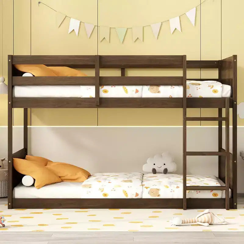 Bellemave Twin over Twin Floor Bunk Bed with Panelled Headboard and Footboard, Rubber Wood Bunk Bed Frame with Guardrails and Ladder,Antique Oak