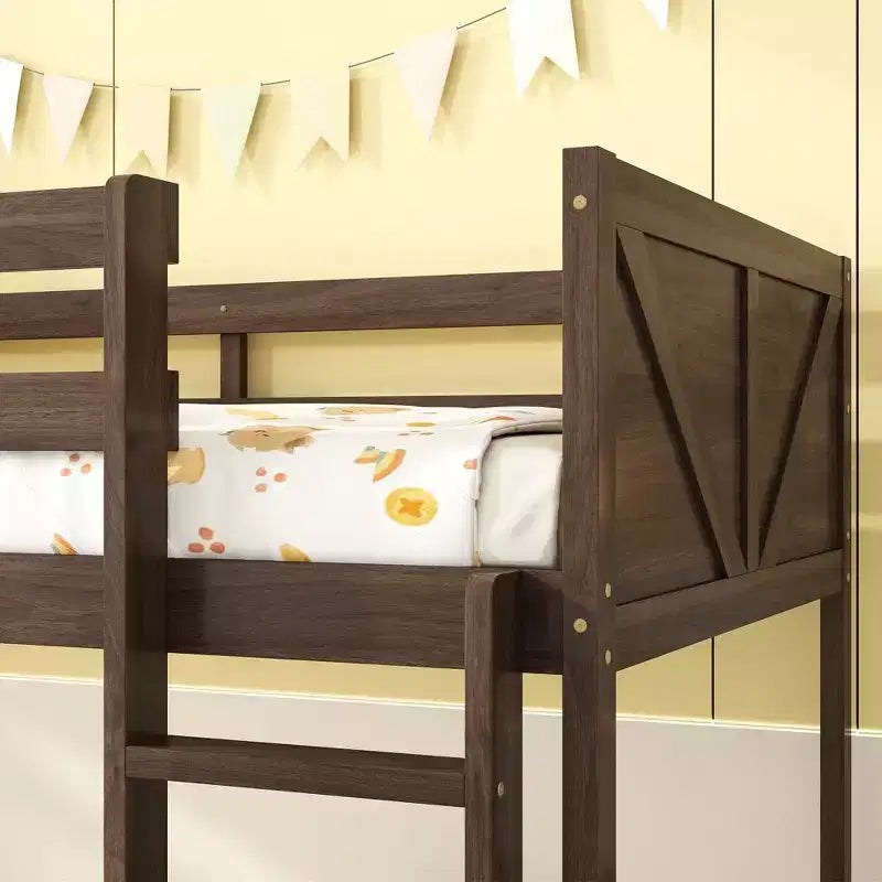 Bellemave Twin over Twin Floor Bunk Bed with Panelled Headboard and Footboard, Rubber Wood Bunk Bed Frame with Guardrails and Ladder,Antique Oak
