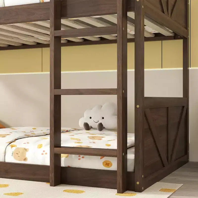 Bellemave Twin over Twin Floor Bunk Bed with Panelled Headboard and Footboard, Rubber Wood Bunk Bed Frame with Guardrails and Ladder,Antique Oak