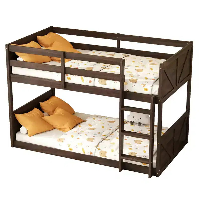 Bellemave Twin over Twin Floor Bunk Bed with Panelled Headboard and Footboard, Rubber Wood Bunk Bed Frame with Guardrails and Ladder,Antique Oak