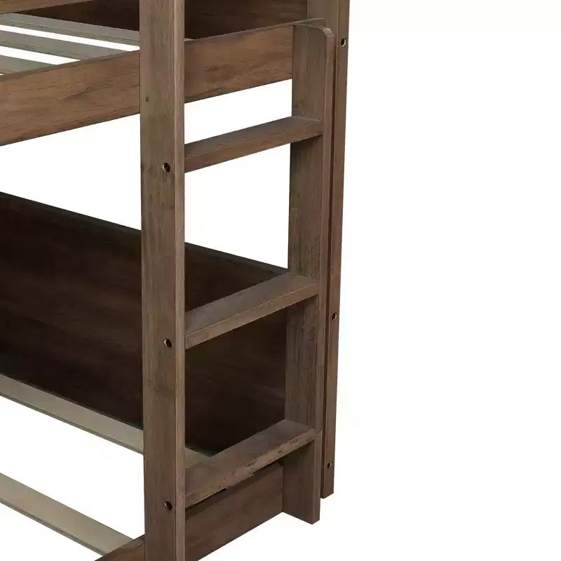 Bellemave Twin over Twin Floor Bunk Bed with Panelled Headboard and Footboard, Rubber Wood Bunk Bed Frame with Guardrails and Ladder,Antique Oak