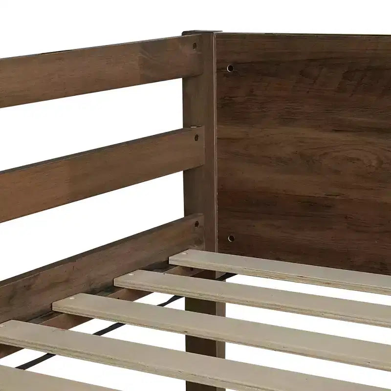 Bellemave Twin over Twin Floor Bunk Bed with Panelled Headboard and Footboard, Rubber Wood Bunk Bed Frame with Guardrails and Ladder,Antique Oak