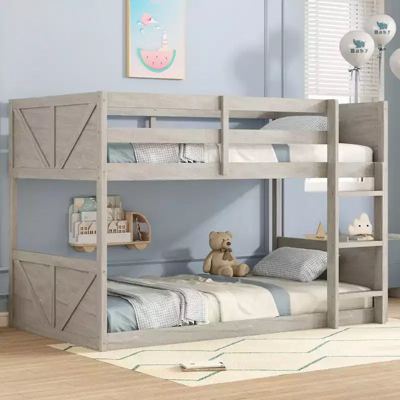 Bellemave Twin over Twin Floor Bunk Bed with Panelled Headboard and Footboard, Rubber Wood Bunk Bed Frame with Guardrails and Ladder,Antique Oak