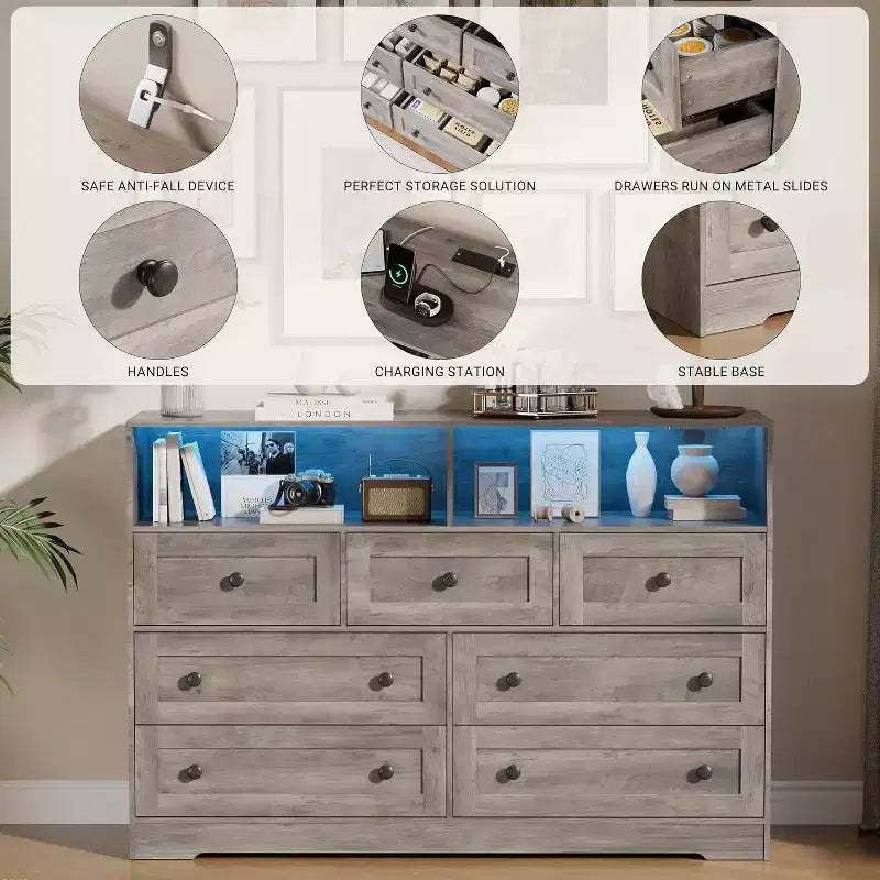 7-Drawer Wooden Chest of Drawers - Modern Dresser with USB Charging Station & LED Lights, 2 Open Cubbies - Large Bedroom Dresser, Storage Organizer