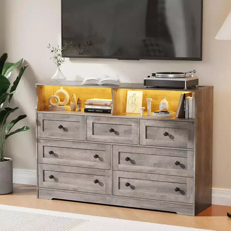 7-Drawer Wooden Chest of Drawers - Modern Dresser with USB Charging Station & LED Lights, 2 Open Cubbies - Large Bedroom Dresser, Storage Organizer
