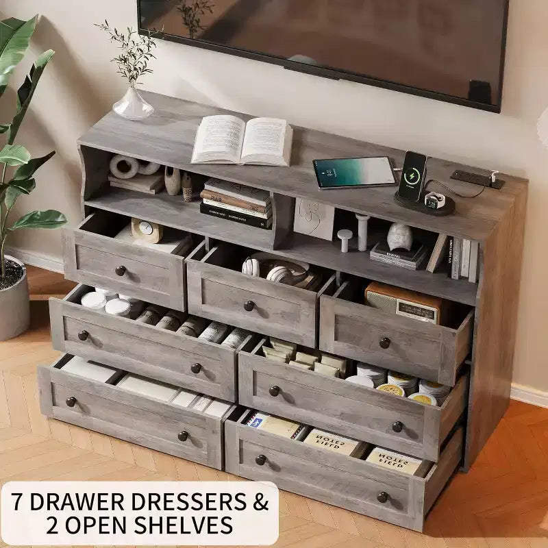 7-Drawer Wooden Chest of Drawers - Modern Dresser with USB Charging Station & LED Lights, 2 Open Cubbies - Large Bedroom Dresser, Storage Organizer