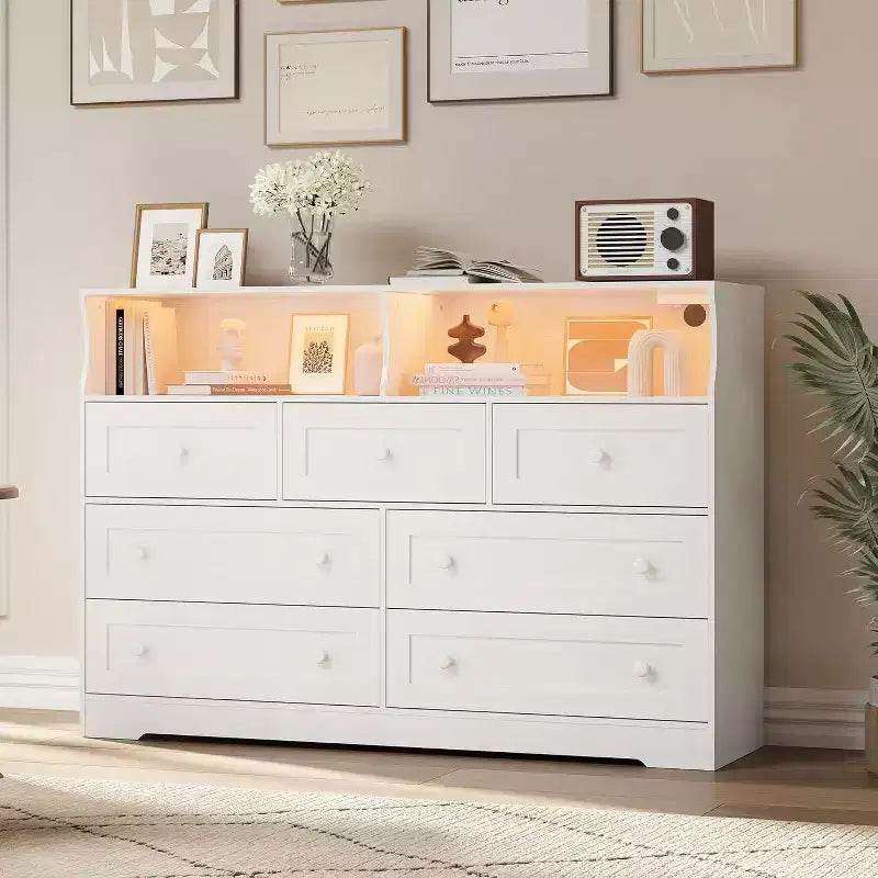 7-Drawer Wooden Chest of Drawers - Modern Dresser with USB Charging Station & LED Lights, 2 Open Cubbies - Large Bedroom Dresser, Storage Organizer