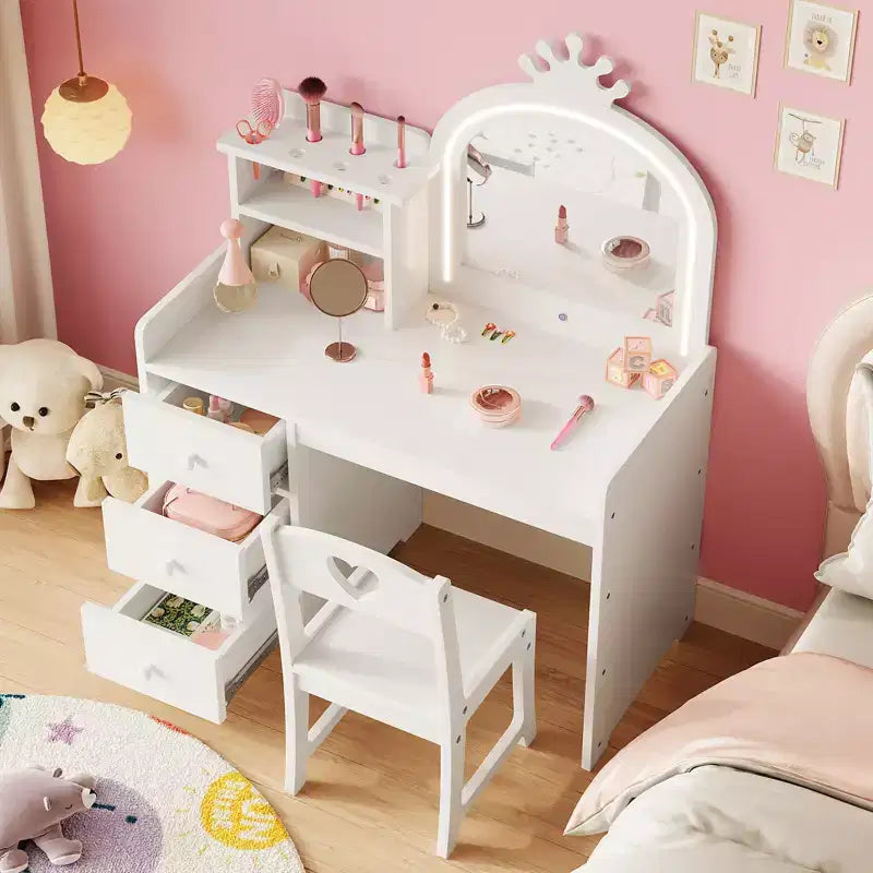 Princess Kids Vanity Table Set,Lighted Mirror, 3 Drawers, Storage Shelves, Detachable Top - Wooden Makeup & Dressing Desk for Little Girls