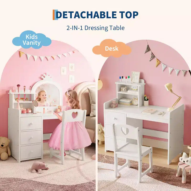 Princess Kids Vanity Table Set,Lighted Mirror, 3 Drawers, Storage Shelves, Detachable Top - Wooden Makeup & Dressing Desk for Little Girls