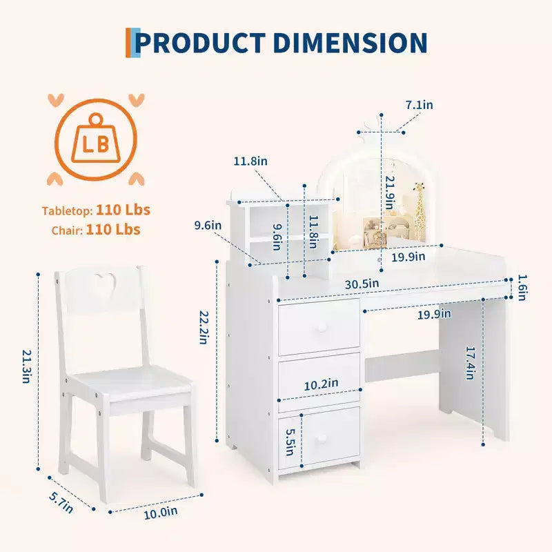 Princess Kids Vanity Table Set,Lighted Mirror, 3 Drawers, Storage Shelves, Detachable Top - Wooden Makeup & Dressing Desk for Little Girls