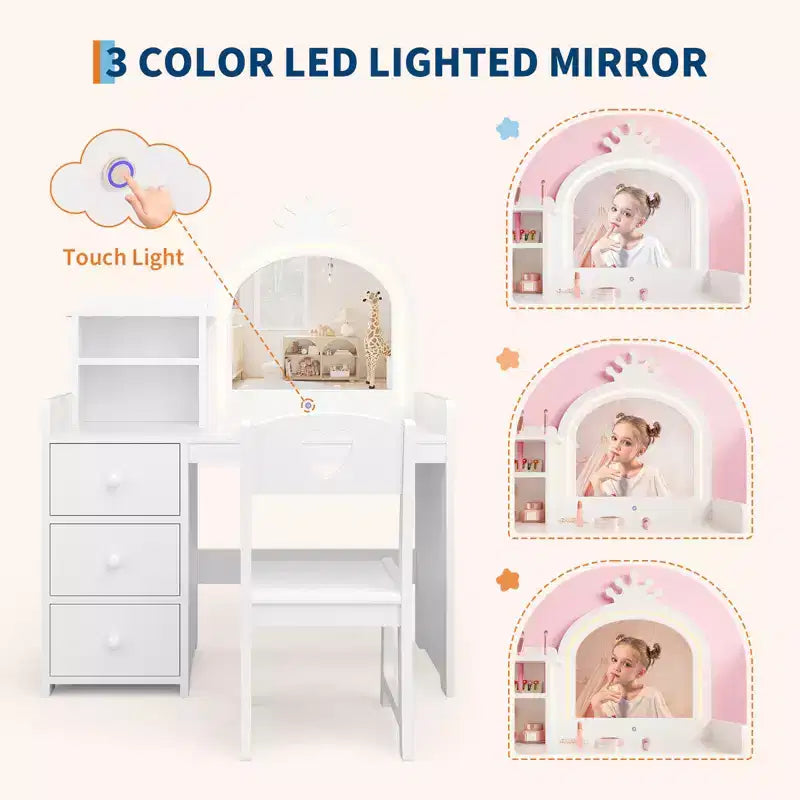 Princess Kids Vanity Table Set,Lighted Mirror, 3 Drawers, Storage Shelves, Detachable Top - Wooden Makeup & Dressing Desk for Little Girls