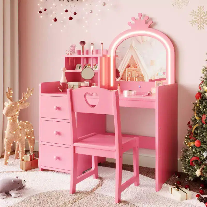 Princess Kids Vanity Table Set,Lighted Mirror, 3 Drawers, Storage Shelves, Detachable Top - Wooden Makeup & Dressing Desk for Little Girls