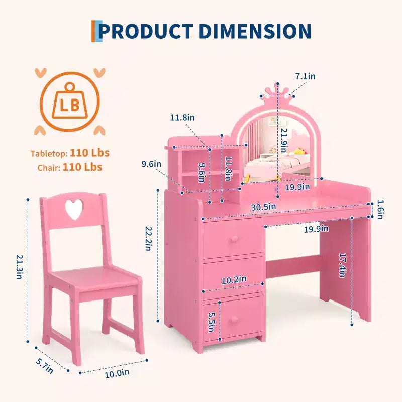 Princess Kids Vanity Table Set,Lighted Mirror, 3 Drawers, Storage Shelves, Detachable Top - Wooden Makeup & Dressing Desk for Little Girls