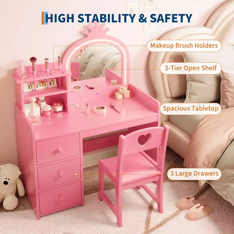 Princess Kids Vanity Table Set,Lighted Mirror, 3 Drawers, Storage Shelves, Detachable Top - Wooden Makeup & Dressing Desk for Little Girls