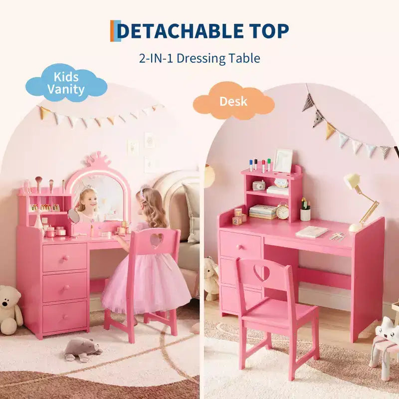 Princess Kids Vanity Table Set,Lighted Mirror, 3 Drawers, Storage Shelves, Detachable Top - Wooden Makeup & Dressing Desk for Little Girls