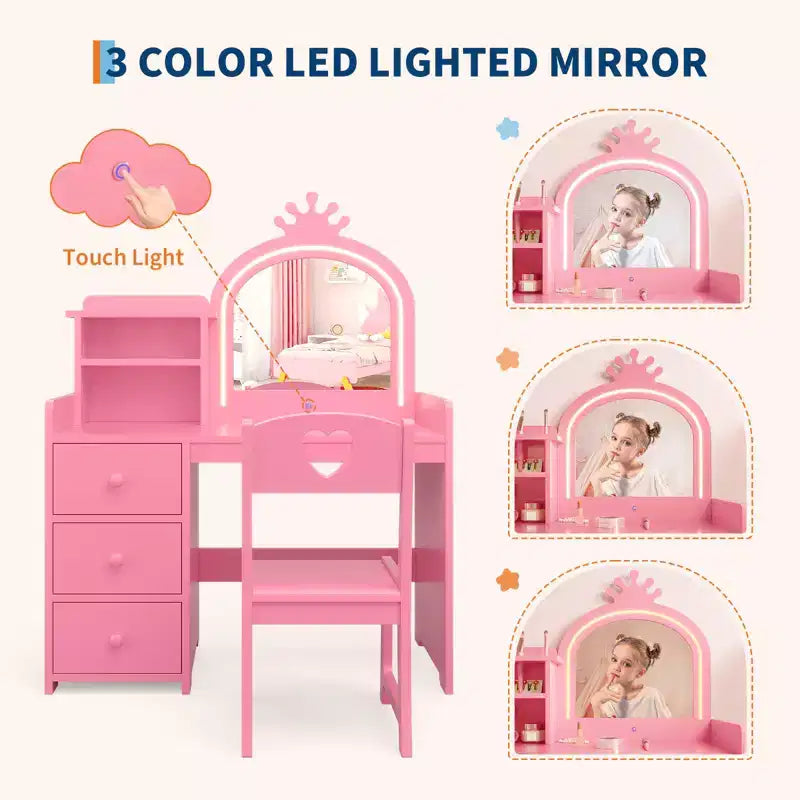 Princess Kids Vanity Table Set,Lighted Mirror, 3 Drawers, Storage Shelves, Detachable Top - Wooden Makeup & Dressing Desk for Little Girls