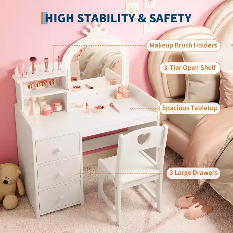 Princess Kids Vanity Table Set,Lighted Mirror, 3 Drawers, Storage Shelves, Detachable Top - Wooden Makeup & Dressing Desk for Little Girls