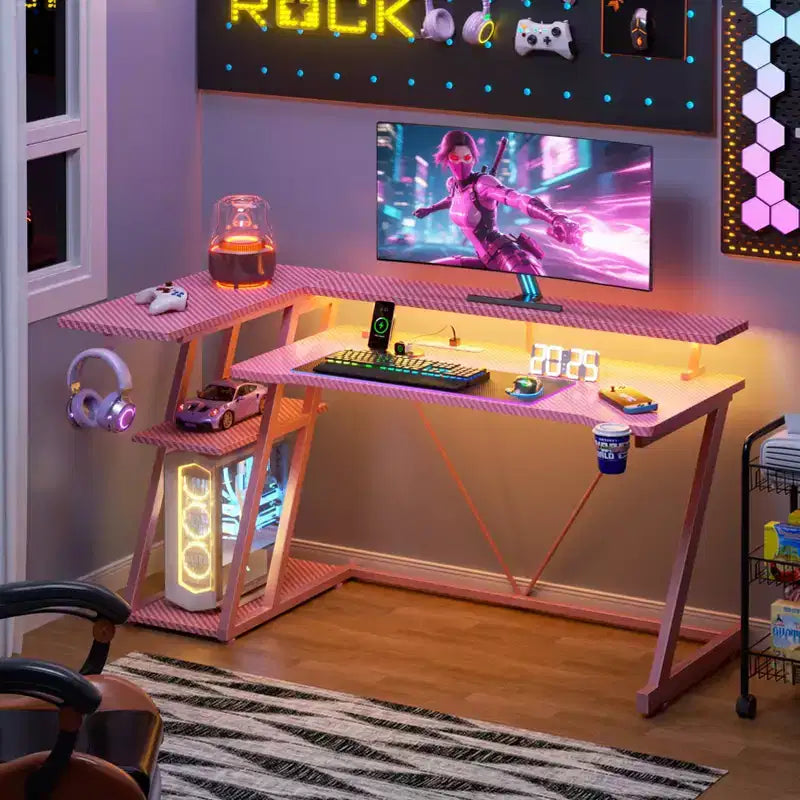 55 inch L Shaped Corner Gaming Desk Pink Computer Table with Monitor Stand 3 Tier Storage Shelves Modern Gamer Desk Carbon Fiber Space Saving Setup