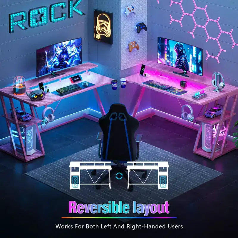 55 inch L Shaped Corner Gaming Desk Pink Computer Table with Monitor Stand 3 Tier Storage Shelves Modern Gamer Desk Carbon Fiber Space Saving Setup