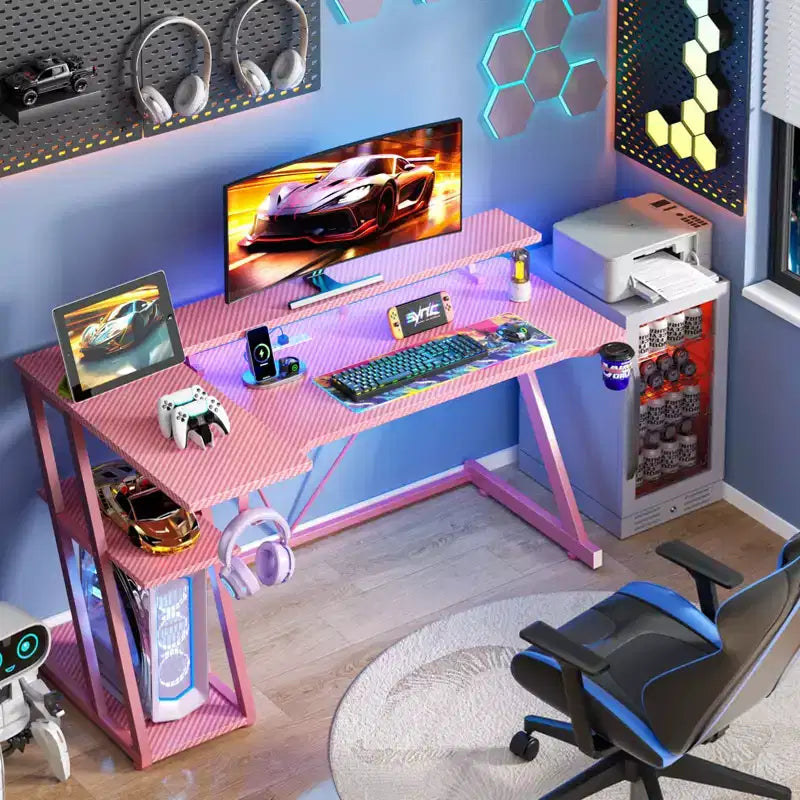 55 inch L Shaped Corner Gaming Desk Pink Computer Table with Monitor Stand 3 Tier Storage Shelves Modern Gamer Desk Carbon Fiber Space Saving Setup