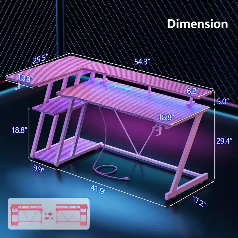 55 inch L Shaped Corner Gaming Desk Pink Computer Table with Monitor Stand 3 Tier Storage Shelves Modern Gamer Desk Carbon Fiber Space Saving Setup