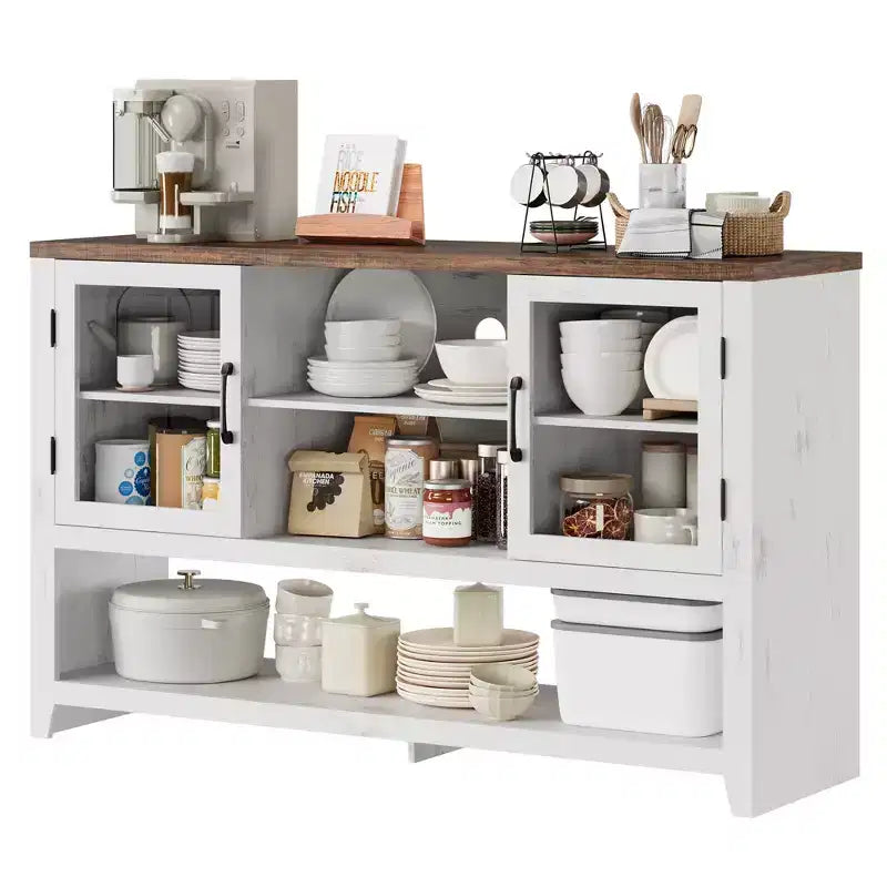 135cm Buffet Sideboard with 3 Shelves and 2 Glass Doors - Modern Mid-Century Style Cabinet for Storing Coffee, Books or Dishes