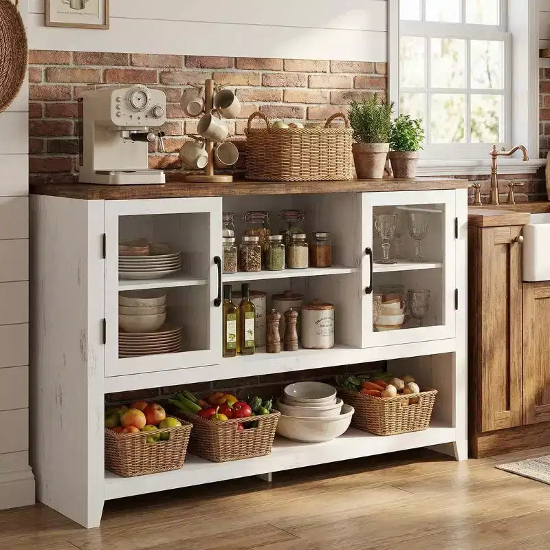 135cm Buffet Sideboard with 3 Shelves and 2 Glass Doors - Modern Mid-Century Style Cabinet for Storing Coffee, Books or Dishes