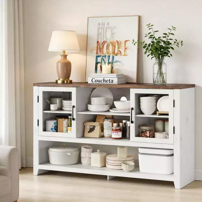 135cm Buffet Sideboard with 3 Shelves and 2 Glass Doors - Modern Mid-Century Style Cabinet for Storing Coffee, Books or Dishes