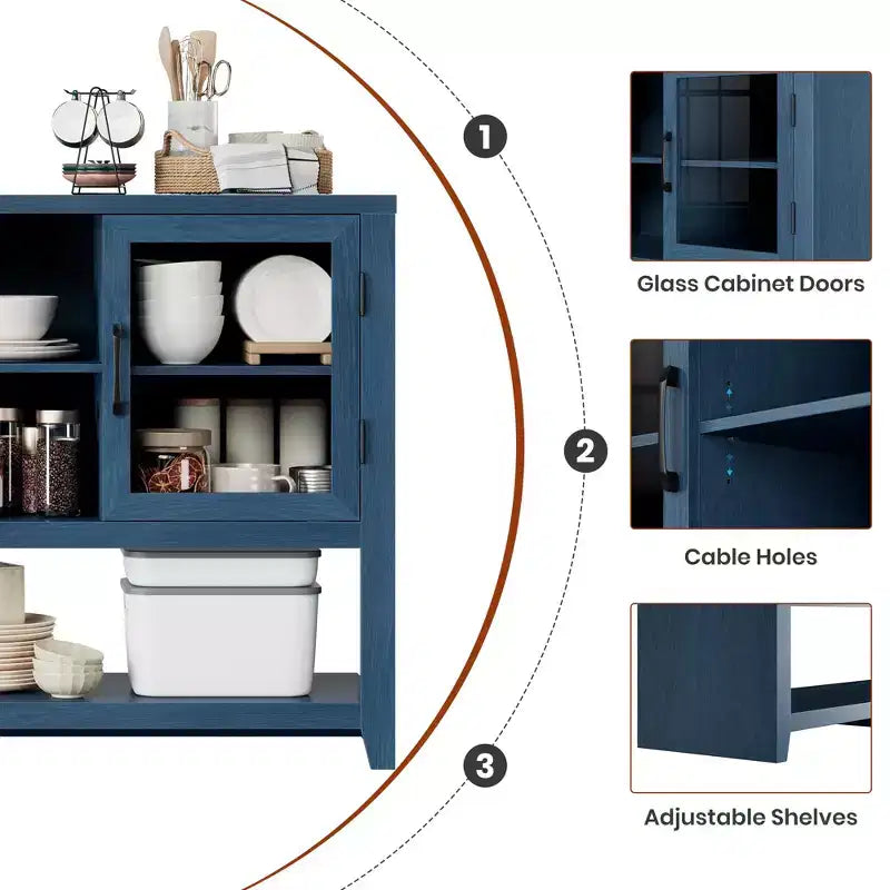 135cm Buffet Sideboard with 3 Shelves and 2 Glass Doors - Modern Mid-Century Style Cabinet for Storing Coffee, Books or Dishes