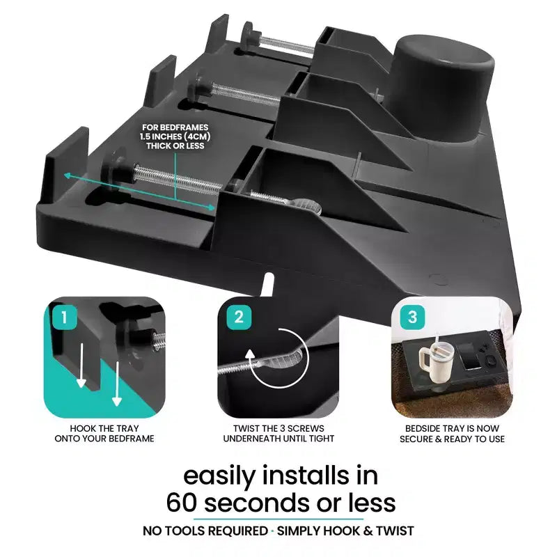 Modern Innovations Large Bedside Shelf 10 Pack Black Clip On Nightstand with Cup and Cord Holder for College Dorm Bunk Bed Top Bunk