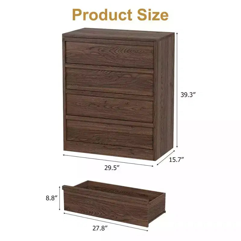 Acekool 4 Drawer Dresser for Bedroom, Wooden Storage Cabinet Organizer with Large Drawers, Nightstand Table for Living Room Entryway, Walnut