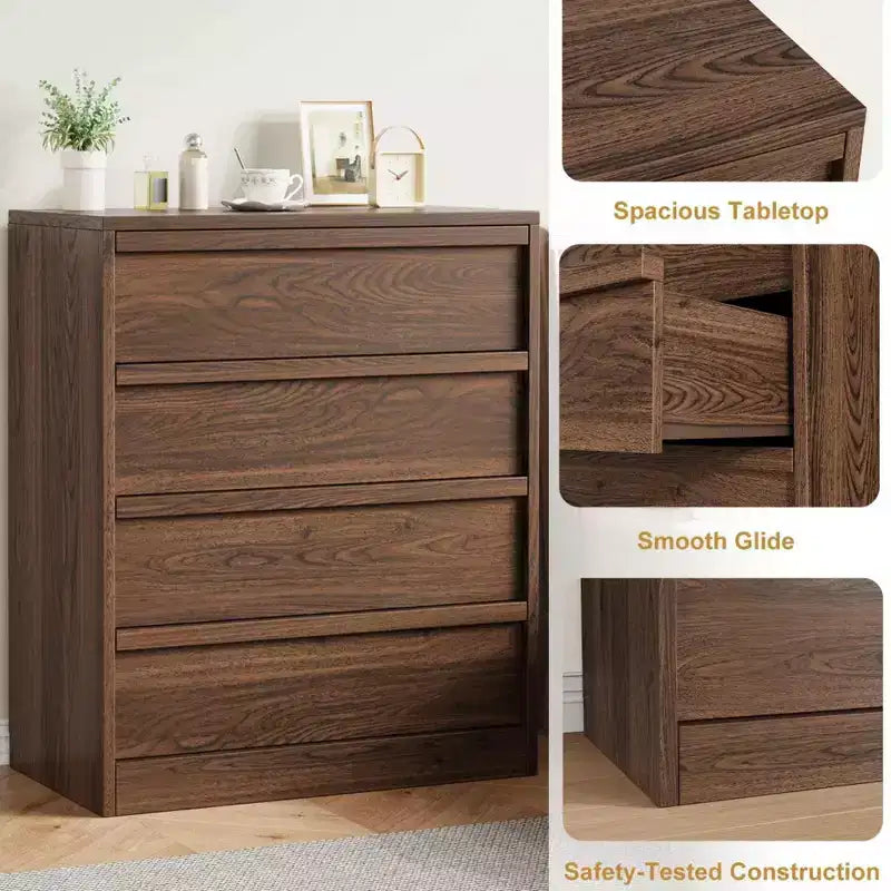 Acekool 4 Drawer Dresser for Bedroom, Wooden Storage Cabinet Organizer with Large Drawers, Nightstand Table for Living Room Entryway, Walnut