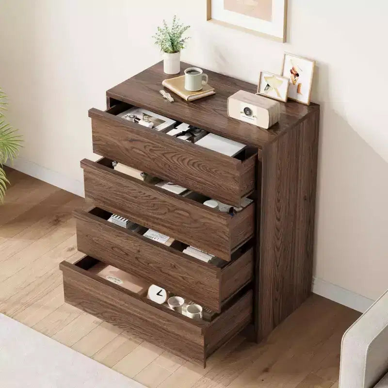 Acekool 4 Drawer Dresser for Bedroom, Wooden Storage Cabinet Organizer with Large Drawers, Nightstand Table for Living Room Entryway, Walnut
