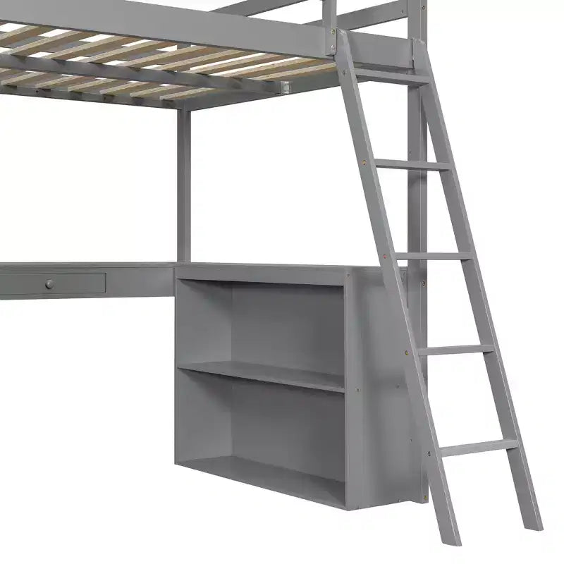 Luxystar Modern Loft Bed with Desk, 6 Shelves and Drawer