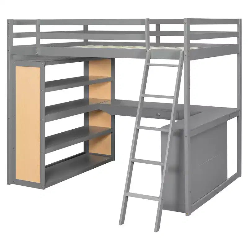 Luxystar Modern Loft Bed with Desk, 6 Shelves and Drawer